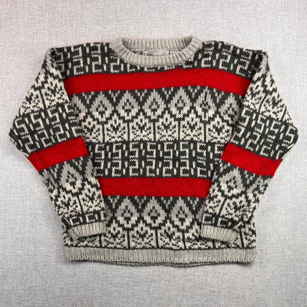 VTG 80s Idioms Fair Isle Nordic Knit Sweater Women Small Acrylic Gray Red Chunky